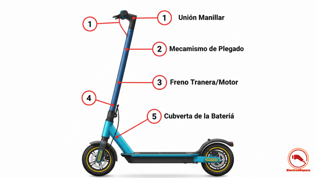 Puntos críticos revisar tornillos patinete: manillar, plegado, frenos y ruedas.