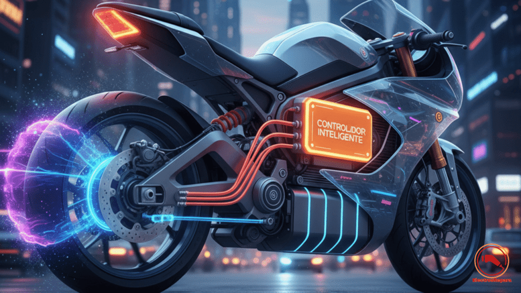  "Motocicleta eléctrica en acción, resaltando el controlador y el sistema de freno regenerativo. Presenta un entorno urbano vibrante. Palabras clave: motocicleta eléctrica, freno regenerativo, movilidad urbana, tecnología eléctrica."
