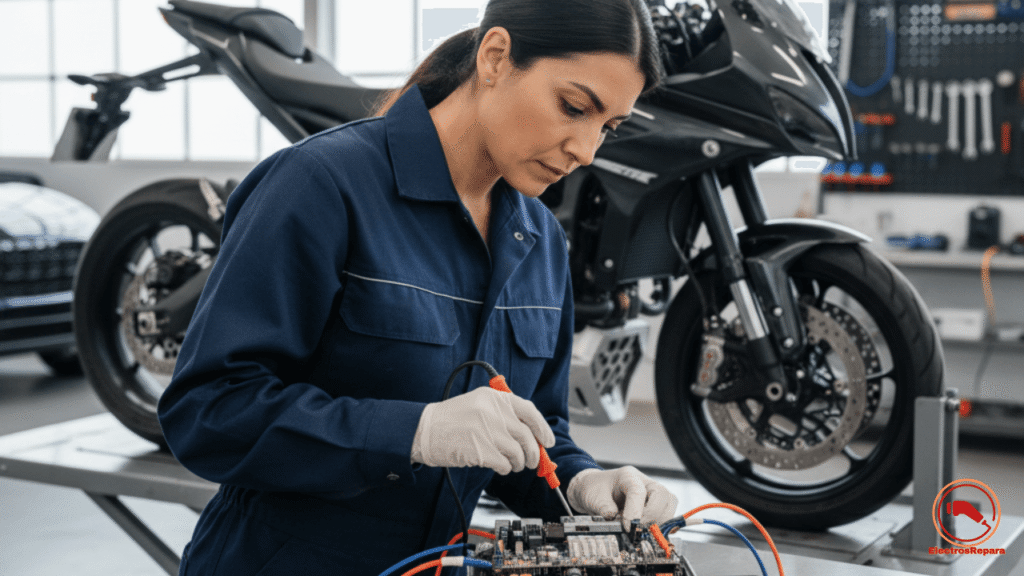  "Mecánico trabajando en el controlador de una motocicleta eléctrica en un taller. Muestra herramientas y componentes electrónicos. Ideal para ilustrar el mantenimiento y reparación de motos eléctricas. Palabras clave: mecánico, mantenimiento de moto eléctrica, reparación, taller de electrónica."