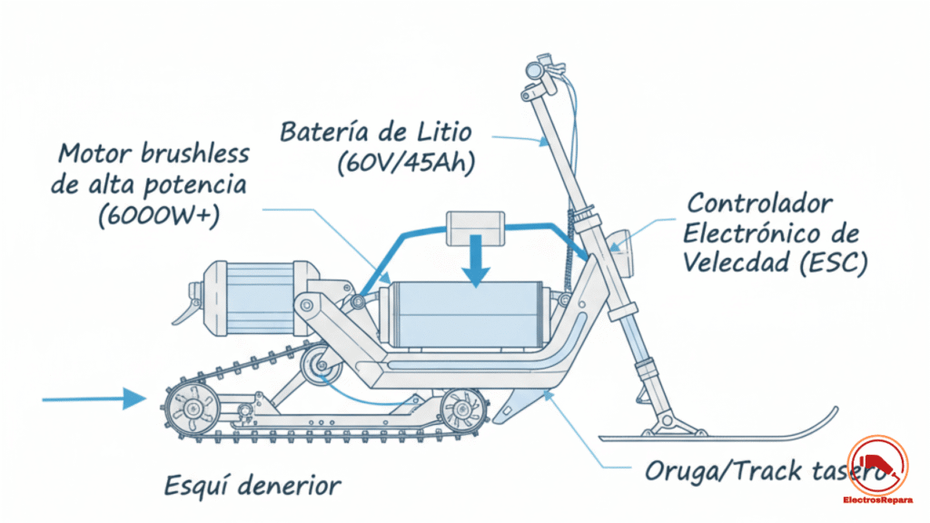 Diagrama técnico limpio y profesional de un patinete de nieve eléctrico tipo ICe EDGE RS6000, mostrando sus componentes clave: motor brushless de 6000W+, batería de litio 60V/45Ah, controlador electrónico (ESC), oruga trasera y esquí delantero. Enfocado en el sistema de propulsión para uso en nieve.