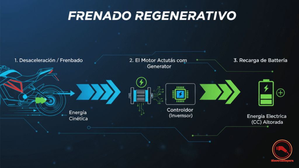 "Infografía educativa sobre el frenado regenerativo en motocicletas eléctricas. Explica cómo la energía se convierte y regresa a la batería. Ideal para aprender sobre eficiencia energética. Palabras clave: frenado regenerativo, energía eléctrica, infografía, motos eléctricas."