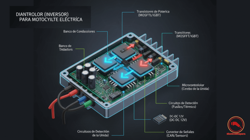  "Diagrama técnico del controlador de motocicleta eléctrica. Muestra componentes clave como transistores, microcontrolador y circuitos de protección. Ideal para entender la electrónica detrás de la movilidad eléctrica. Palabras clave: controlador de moto eléctrica, componentes internos, diagrama técnico, movilidad eléctrica."