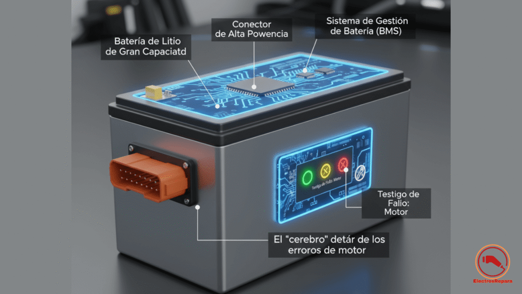 Ilustración conceptual que muestra una batería de litio de alta capacidad con sus conexiones y un enfoque especial en el Sistema de Gestión de Batería (BMS). El diseño destaca el conector de potencia y un recuadro gráfico que simboliza el BMS como el “cerebro” que controla el estado y los fallos del motor en vehículos eléctricos.