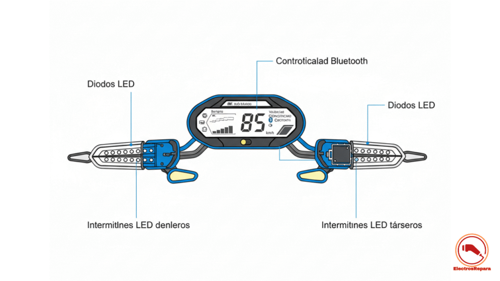 Diagrama componentes sistema iluminación LED motos eléctricas: faros, controladores DC-DC, mantenimiento luces EV con luz de fallo de motor encendida - Instalación luces LED moto eléctrica para reparación eficiente