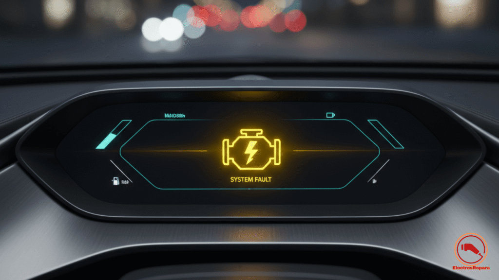 Testigo de fallo del motor coche eléctrico encendido en el panel de un VE moderno: La inquietante luz amarilla de check engine VE.
