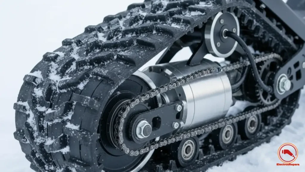 Fotografía de primer plano que muestra el detalle del motor y la oruga de un patinete de nieve eléctrico. Se aprecia la ingeniería del sistema de tracción, destacando la robustez de la oruga y el diseño del motor para un rendimiento óptimo en nieve. Fondo nevado con enfoque en la mecánica y la potencia del conjunto.