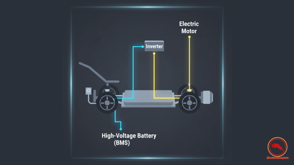Diagrama de sistemas de un coche eléctrico mostrando batería BMS, inversor y motor eléctrico. Focos de fallo sistema gestión batería VE.