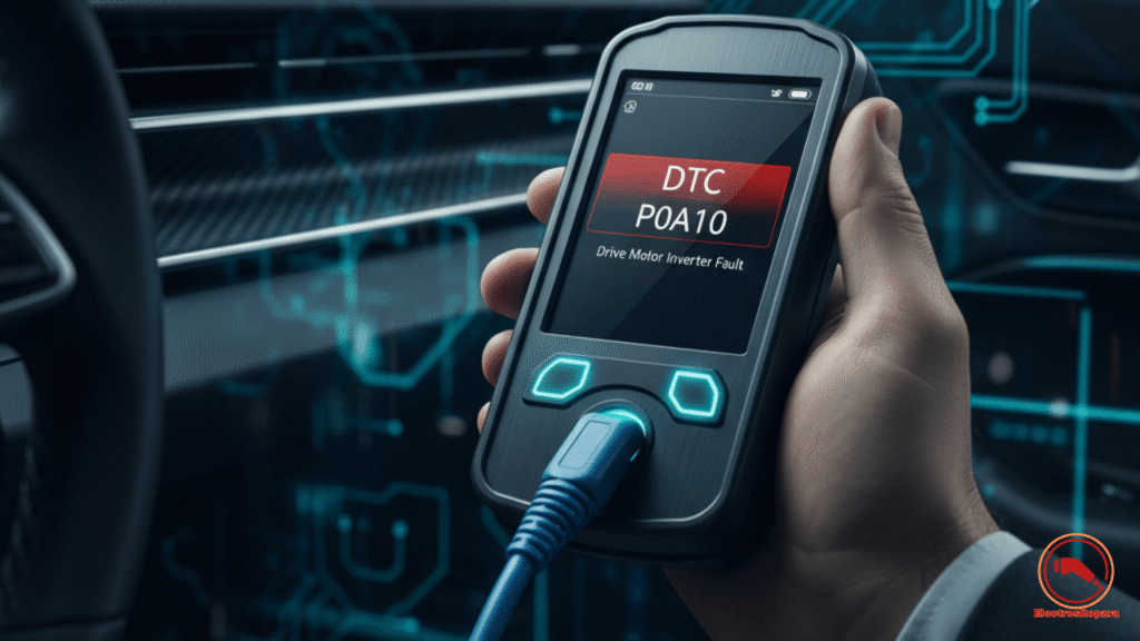 Técnico usando escáner OBD-II para leer DTCs coche eléctrico (P0A10) y diagnosticar el fallo motor eléctrico.