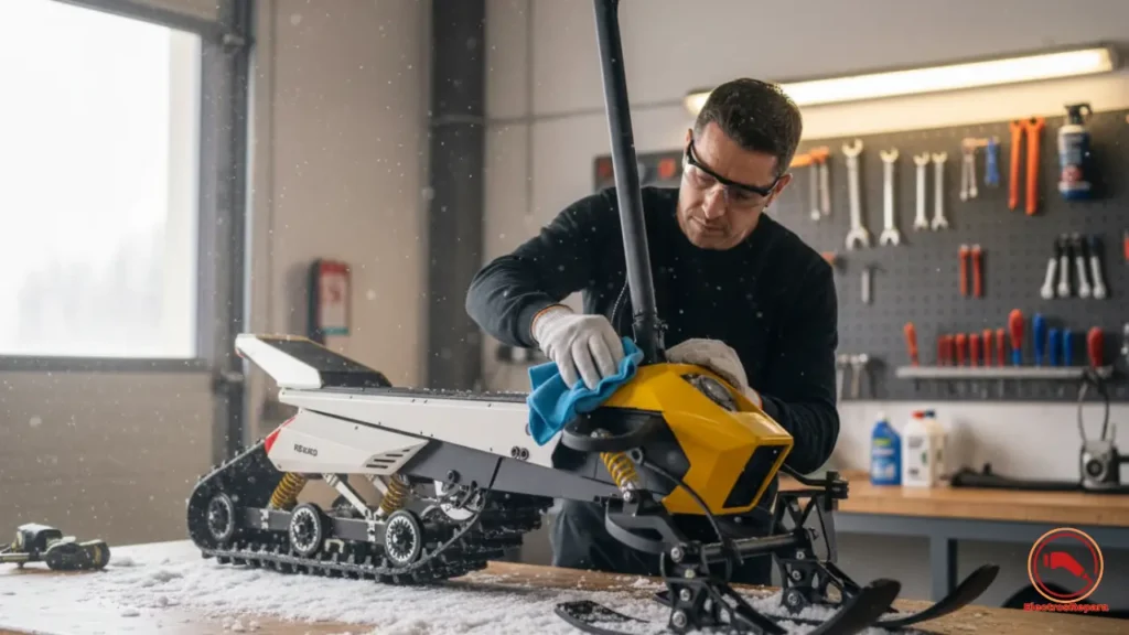 Escena realista de mantenimiento preventivo de un patinete de nieve eléctrico en un taller. Un técnico inspecciona y limpia las conexiones eléctricas y el sellado de la batería para proteger el sistema contra la humedad y el frío. Imagen que resalta el cuidado, la seguridad y la durabilidad del vehículo en condiciones invernales.