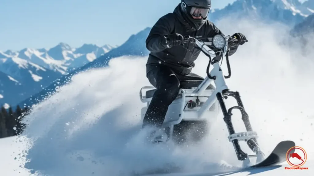 Fotografía dinámica de un patinete de nieve eléctrico en acción sobre nieve profunda. Muestra al conductor maniobrando con potencia y estabilidad, destacando la eficacia del sistema de tracción con oruga y el rendimiento del vehículo en condiciones extremas. Imagen que transmite fuerza, control y aventura.