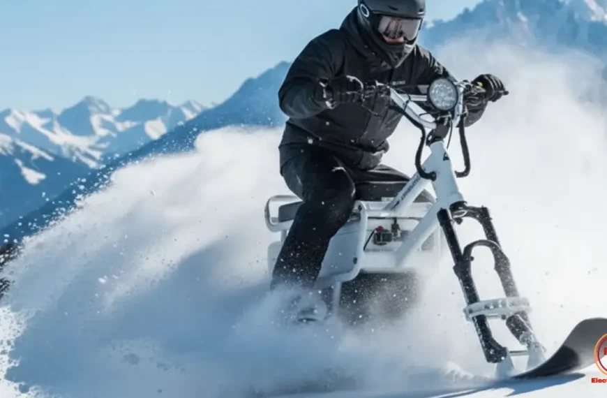 Fotografía dinámica de un patinete de nieve eléctrico en acción sobre nieve profunda. Muestra al conductor maniobrando con potencia y estabilidad, destacando la eficacia del sistema de tracción con oruga y el rendimiento del vehículo en condiciones extremas. Imagen que transmite fuerza, control y aventura.