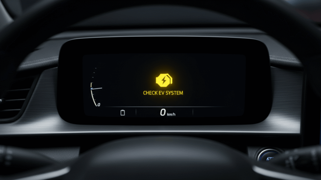 Imagen principal: Testigo de fallo del motor coche eléctrico encendido en el salpicadero. La luz amarilla de check engine VE indica un fallo.