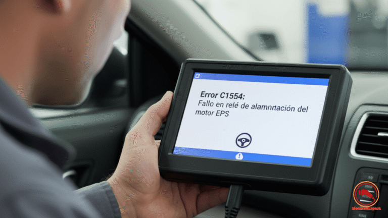 Mecánico usando una herramienta de diagnóstico OBD-II para leer un código de error de avería en la dirección asistida eléctrica.