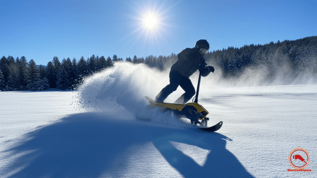 Fotografía dinámica de un patinete de nieve eléctrico en acción sobre nieve profunda. Muestra al conductor maniobrando con potencia y estabilidad, destacando la eficacia del sistema de tracción con oruga y el rendimiento del vehículo en condiciones extremas. Imagen que transmite fuerza, control y aventura.