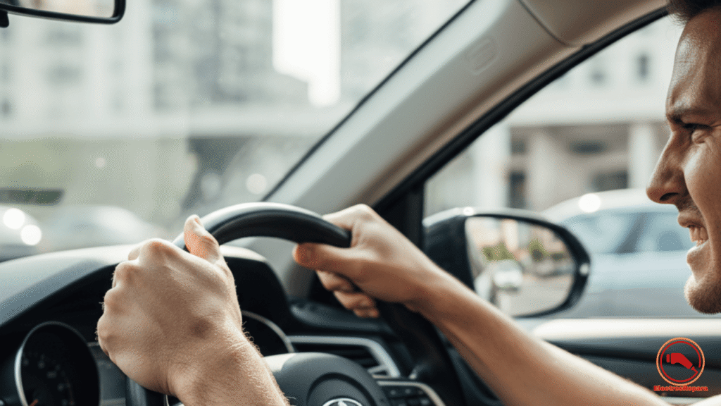Conductor esforzándose para girar un volante duro, síntoma claro de un fallo en el sistema de dirección asistida eléctrica.