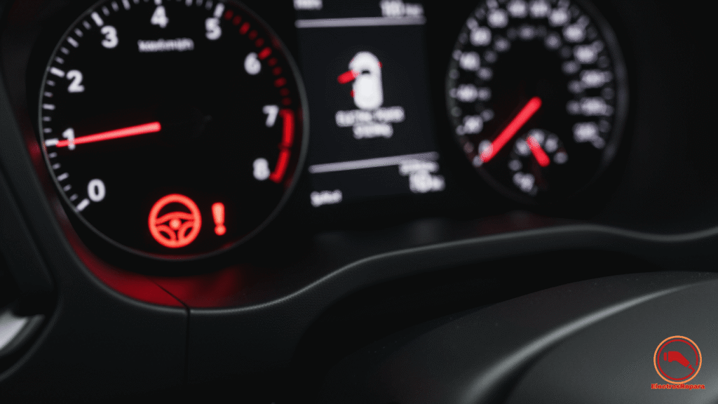 Testigo de advertencia de la dirección asistida eléctrica (EPS) encendido en color rojo en el tablero de un coche, indicando una avería grave.
