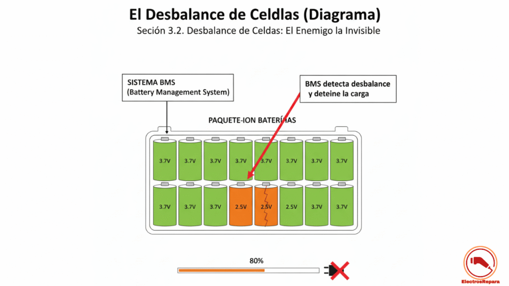 Diagrama de desbalance de celdas de batería de moto eléctrica. Ilustración del fallo BMS moto eléctrica carga 80% y la protección del sistema.
