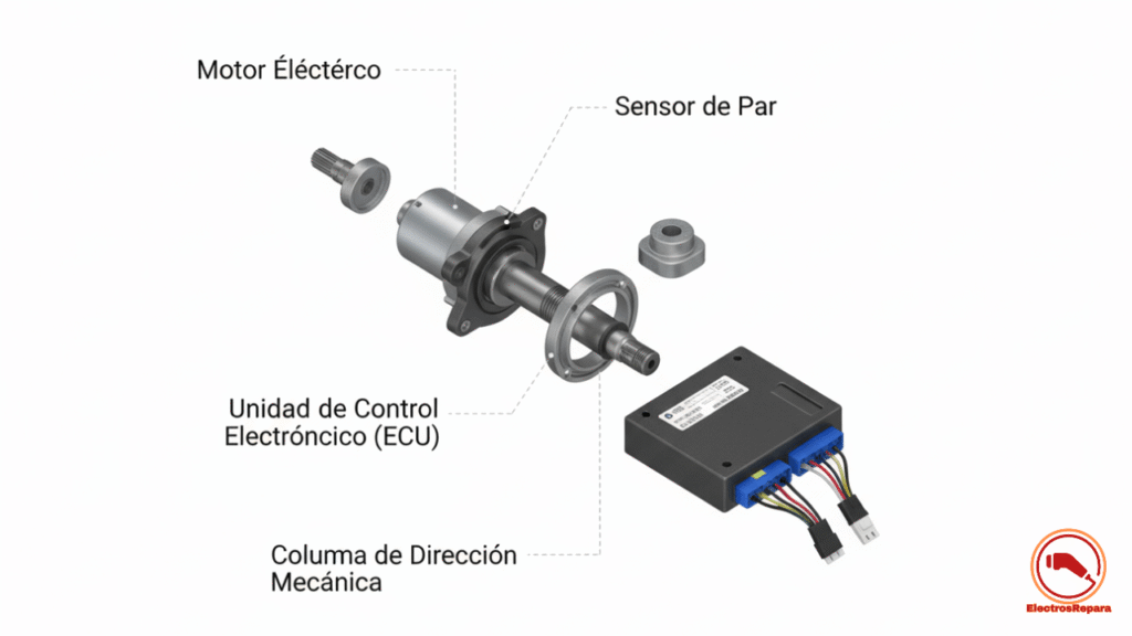 Infografía con el despiece de un sistema de dirección asistida eléctrica (EPS), mostrando el motor, el sensor de par y la ECU.