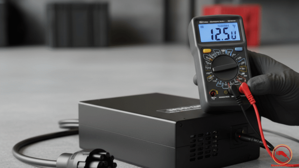 Técnico midiendo el voltaje de salida para reparar cargador moto eléctrica. Diagnóstico de cargador defectuoso.