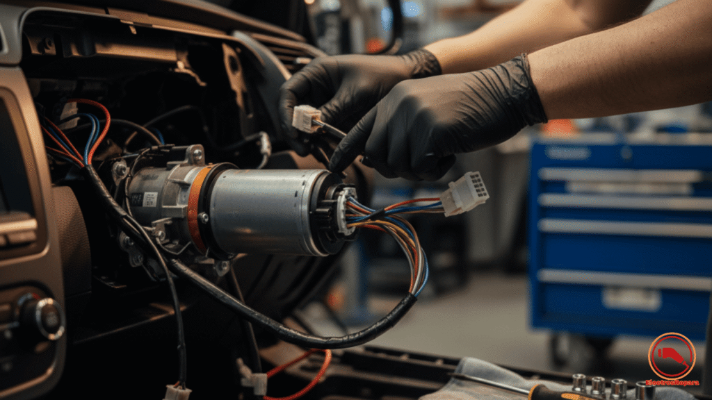 Técnico profesional reparando la columna de dirección asistida eléctrica de un coche en un taller.