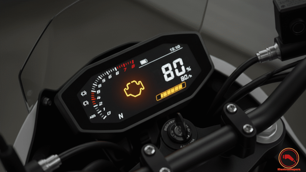 Tablero de moto eléctrica con Luz de fallo de motor encendida. Testigo de motor que significa un error en el sistema de propulsión eléctrica.