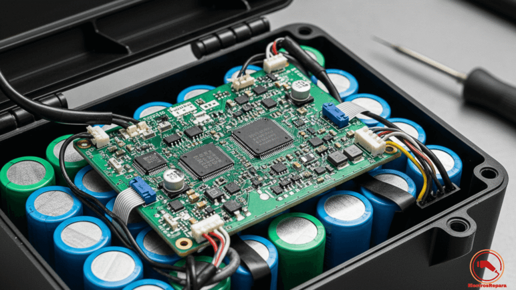 Vista detallada del BMS moto eléctrica avería. Componentes internos de la batería de una motocicleta eléctrica.