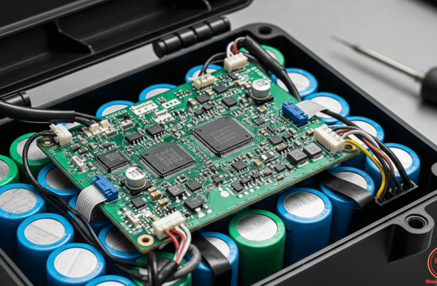 Vista detallada del BMS moto eléctrica avería. Componentes internos de la batería de una motocicleta eléctrica.