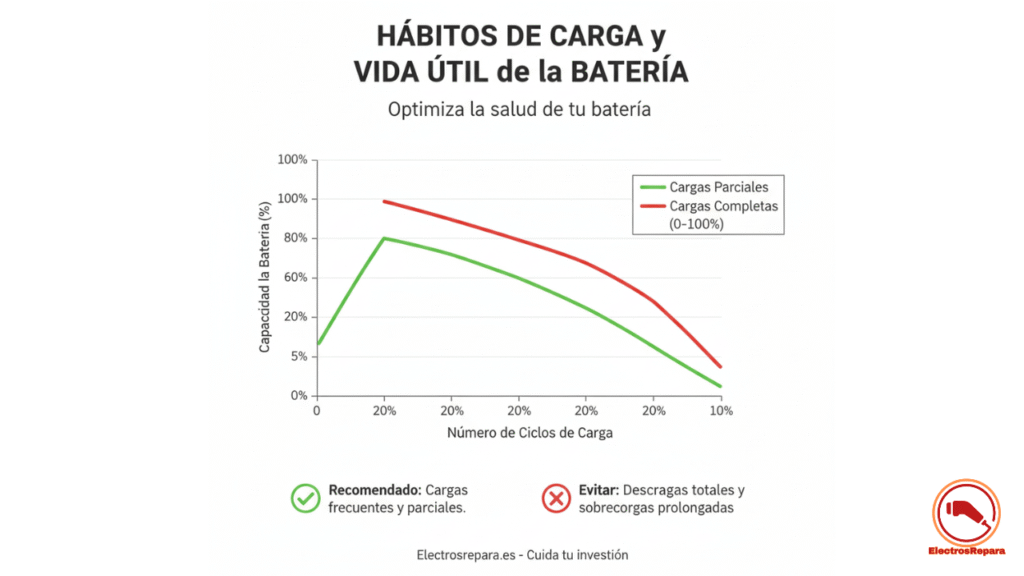 Extender duración batería patinete: gráfico errores carga patinete vs cargas parciales. Ciclos carga batería patinete óptimos