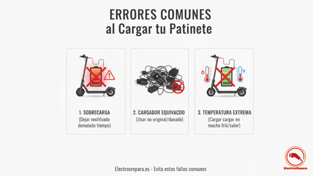 Errores comunes batería patinete: sobrecarga, cargador patinete eléctrico original falso, efectos temperatura batería patinete. Reparación batería patinete eléctrico