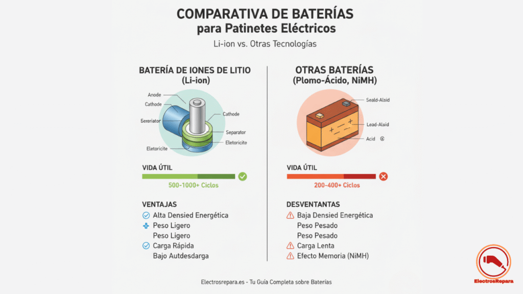 Tipos de baterías para patinetes: Li-ion, duración batería patinete eléctrico 300-500 ciclos. Mantenimiento batería patinete eléctrico esencial