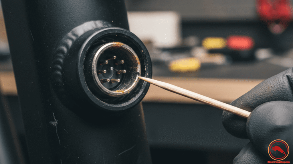 Puerto de carga HIGO sucio o averiado en bicicleta eléctrica, causando que la e-bike no cargue.