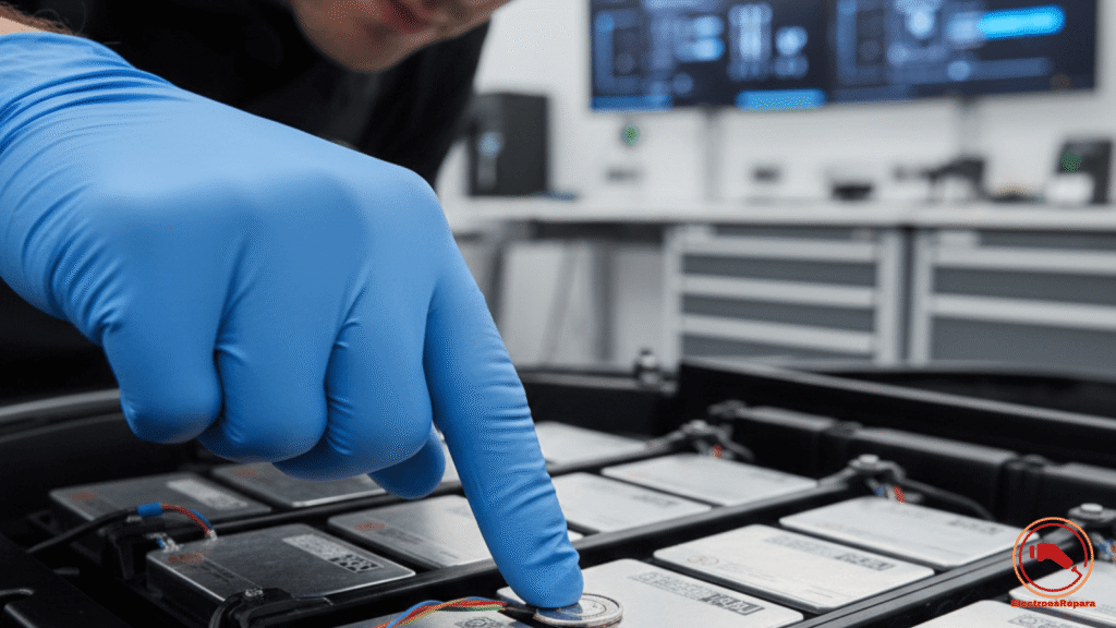 Técnico inspeccionando sensor BMS coche eléctrico para diagnosticar fallos