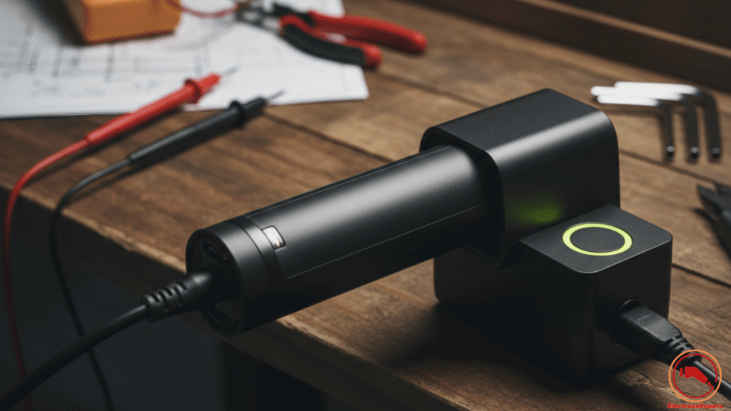 Diagnóstico de problemas de carga en batería de bicicleta eléctrica con cargador y multímetro.