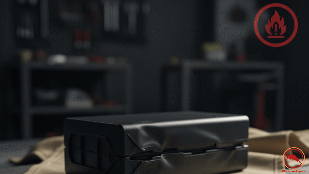 Batería de bicicleta eléctrica hinchada o abultada, señal de peligro de incendio y fallo BMS e-bike grave.