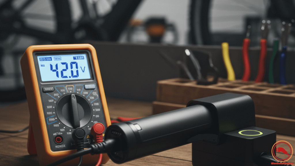 Comprobar voltaje de cargador de e-bike con multímetro para diagnosticar fallo de carga.