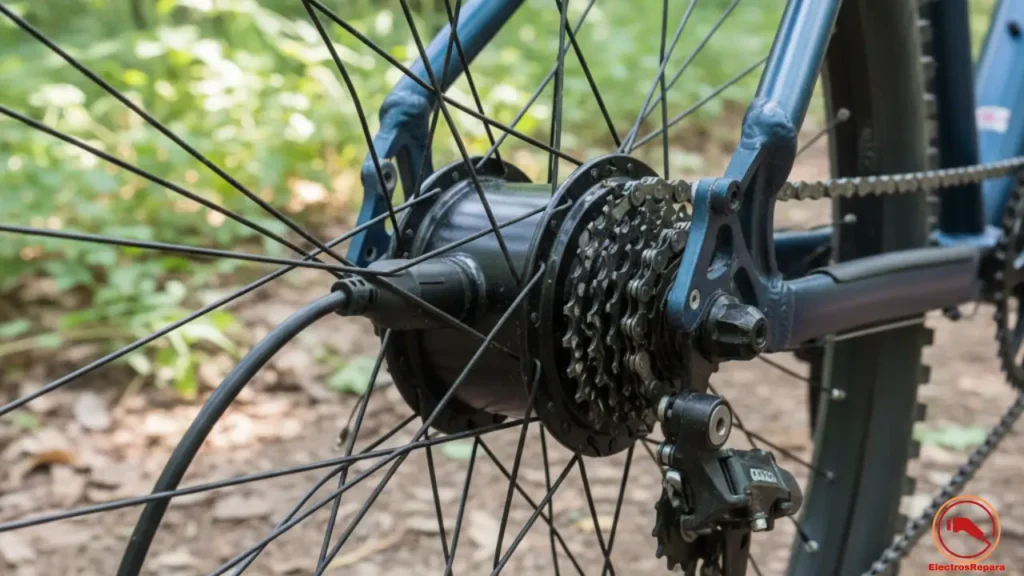 Un motor Hub (de buje) en la rueda trasera, con el cable de alimentación saliendo del eje.