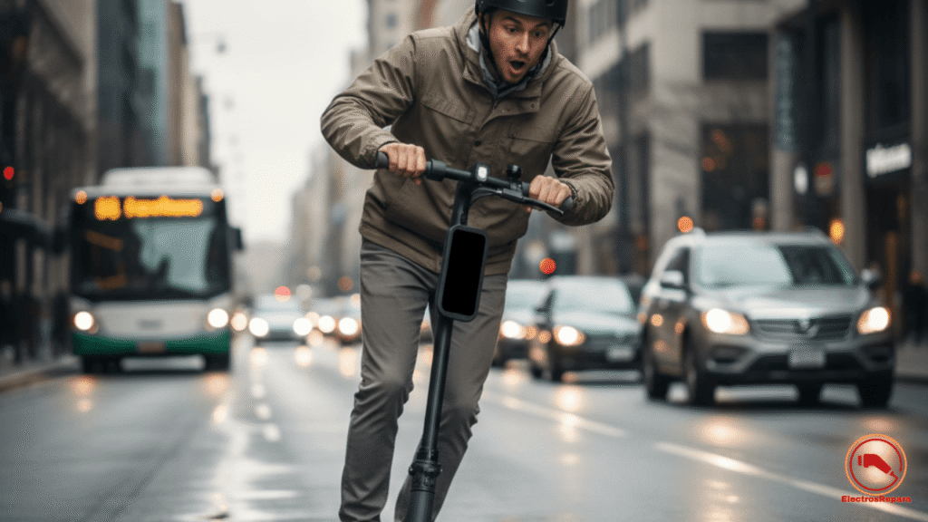Patinete eléctrico se apaga solo en marcha. Conductor revisando el display apagado. Patinete se apaga al acelerar