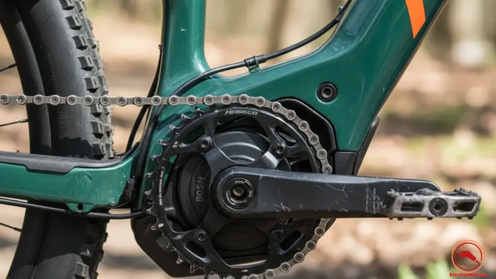 Motor Mid-Drive de bicicleta eléctrica mostrando la integración con el sistema de transmisión. La imagen ilustra cómo la potencia del motor se transfiere a la cadena, destacando la necesidad de un mantenimiento frecuente de la transmisión para alargar la vida útil del conjunto.