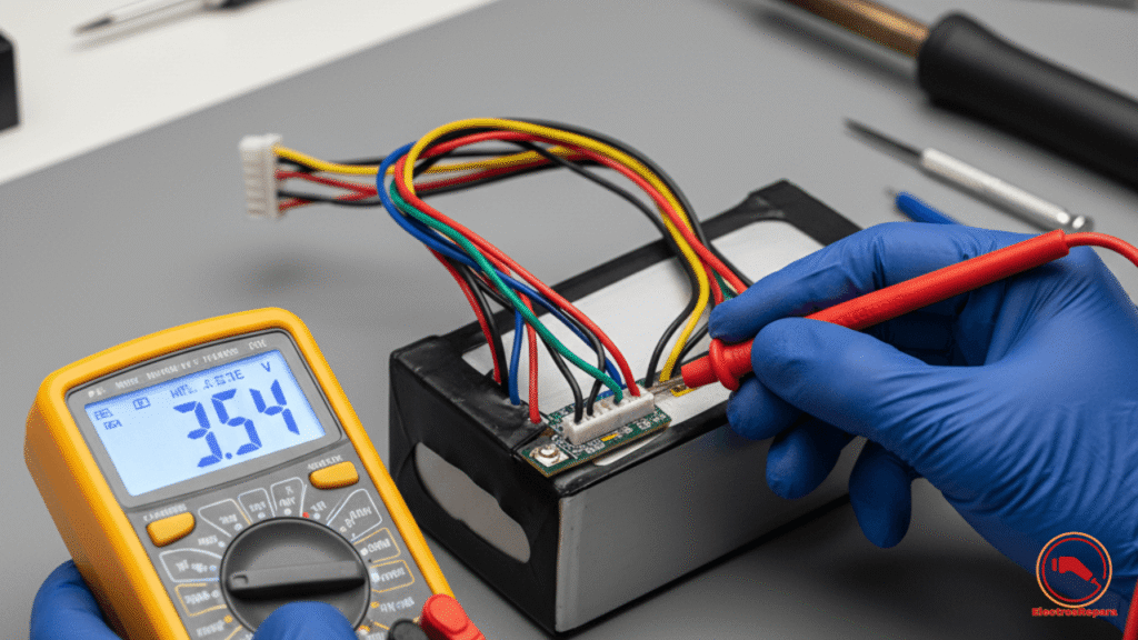 Técnico midiendo el voltaje de una batería de patinete eléctrico con multímetro. Diagnóstico de baja tensión celdas patinete (LVC).