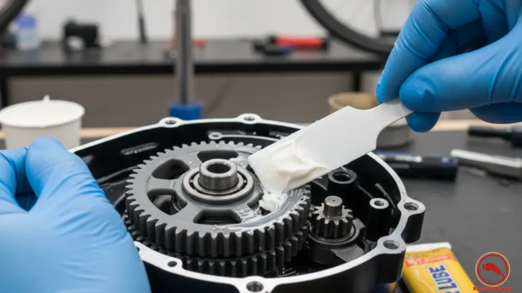 Mantenimiento motor Bafang Mid-Drive: Re-engrase de los engranajes internos. Esta imagen es crucial para ilustrar la tarea de cómo engrasar motor Bafang sin abrir completamente (mostrando que sí es necesario abrirlo) y el mantenimiento motor con engranajes internos bicicleta eléctrica para prevenir fallos comunes motor bicicleta eléctrica y ruido.