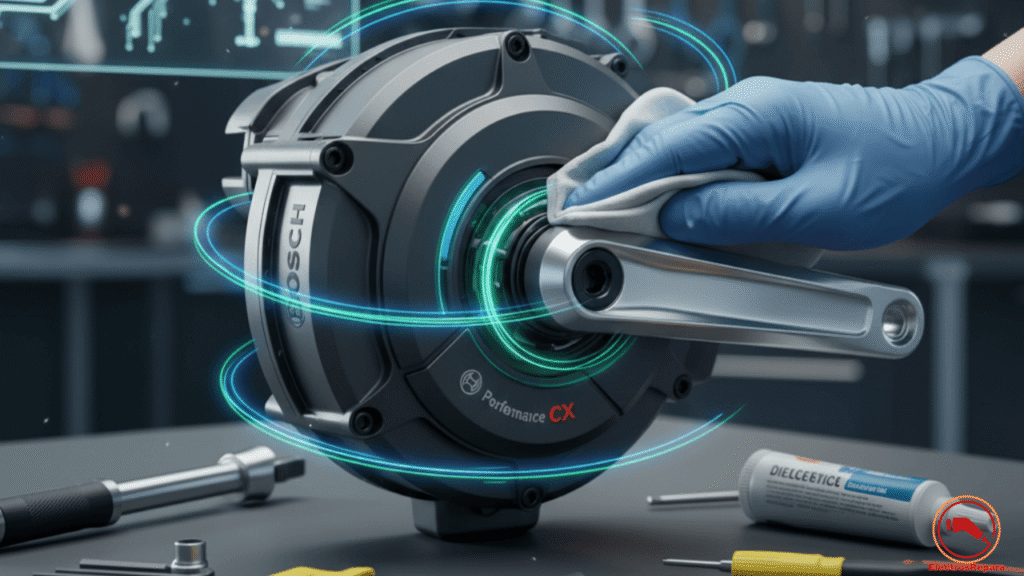 Primer plano de un motor de bicicleta eléctrica siendo inspeccionado con herramientas, ilustrando la guía de mantenimiento motor bici eléctrica para alargar su vida útil y prevenir fallos comunes motor bicicleta eléctrica