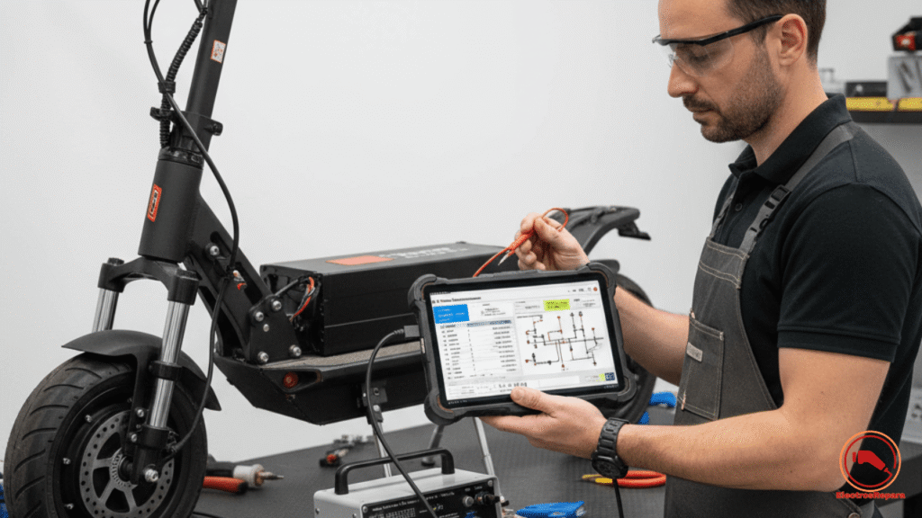 Taller especializado realizando diagnóstico y balanceo celdas pack patinete eléctrico. Reparacion patinete se apaga.
