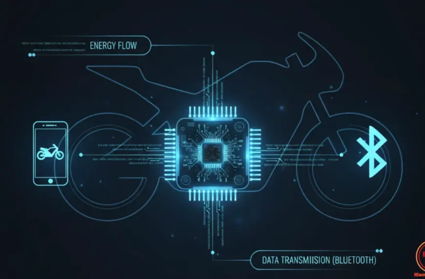 Diagrama conceptual que muestra la conexión Bluetooth entre la ECU (Unidad de Control del Motor) de una moto eléctrica y un smartphone, ilustrando el controlador eléctrico y la conectividad