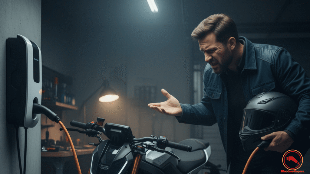 Motociclista frustrado revisando el puerto de carga de su moto eléctrica que no carga. Diagnóstico inicial de falla de carga en motocicleta eléctrica.