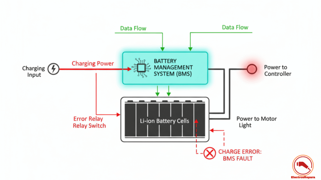 Diagrama del Sistema de Gestión de Baterías (BMS) de una moto eléctrica indicando un fallo de carga. Diagnóstico de error BMS moto eléctrica.
