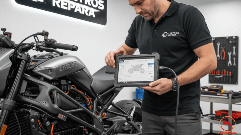 Técnico de taller especializado realizando diagnóstico CAN bus en una motocicleta eléctrica Zero. Servicio de reparación cargador moto eléctrica.