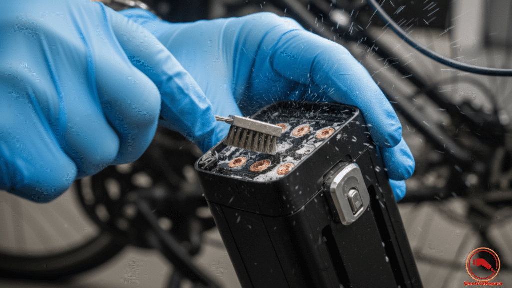 Diagnóstico avería bicicleta eléctrica: limpieza de contactos de la batería para solucionar fallo pantalla e-bike.