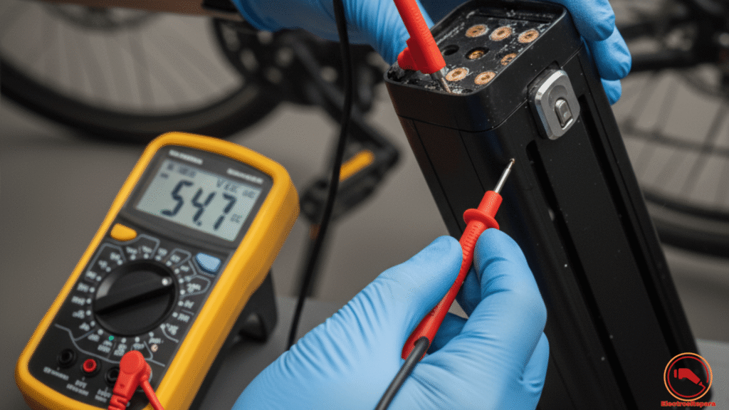 Uso de multímetro para verificar el voltaje de la batería antes de la sustitución display bicicleta eléctrica.
