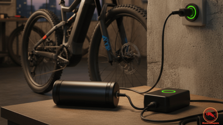 Bicicleta eléctrica cargando con luz roja en el cargador. Diagnóstico de problemas de carga de batería e-bike.