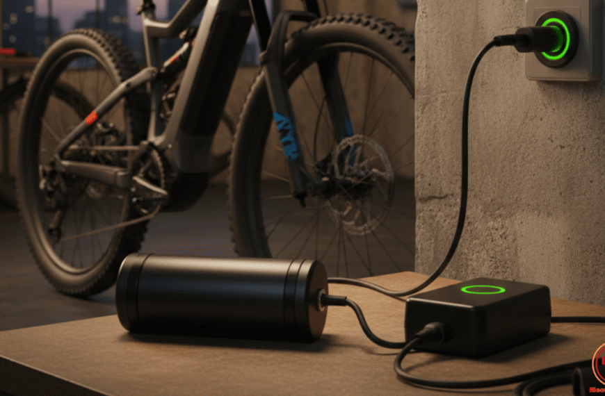 Bicicleta eléctrica cargando con luz roja en el cargador. Diagnóstico de problemas de carga de batería e-bike.